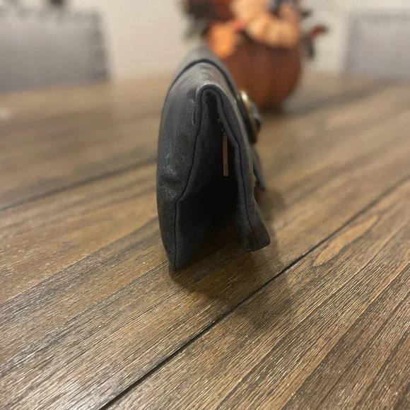 HOBO Soft Blue Leather Foldover Magnetic Clutch Purse Bronze Ring Boho Evening - Picture 5 of 12